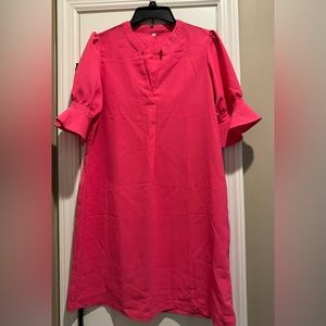 NWOT Women’s Rose red notch neck pleat ruffle-cuff shift dress